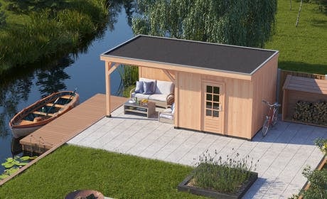 render_waterside_blank_douglas_comfort_schuur_buitenverblijf_resized Overkapping met berging en loungeset aan het water