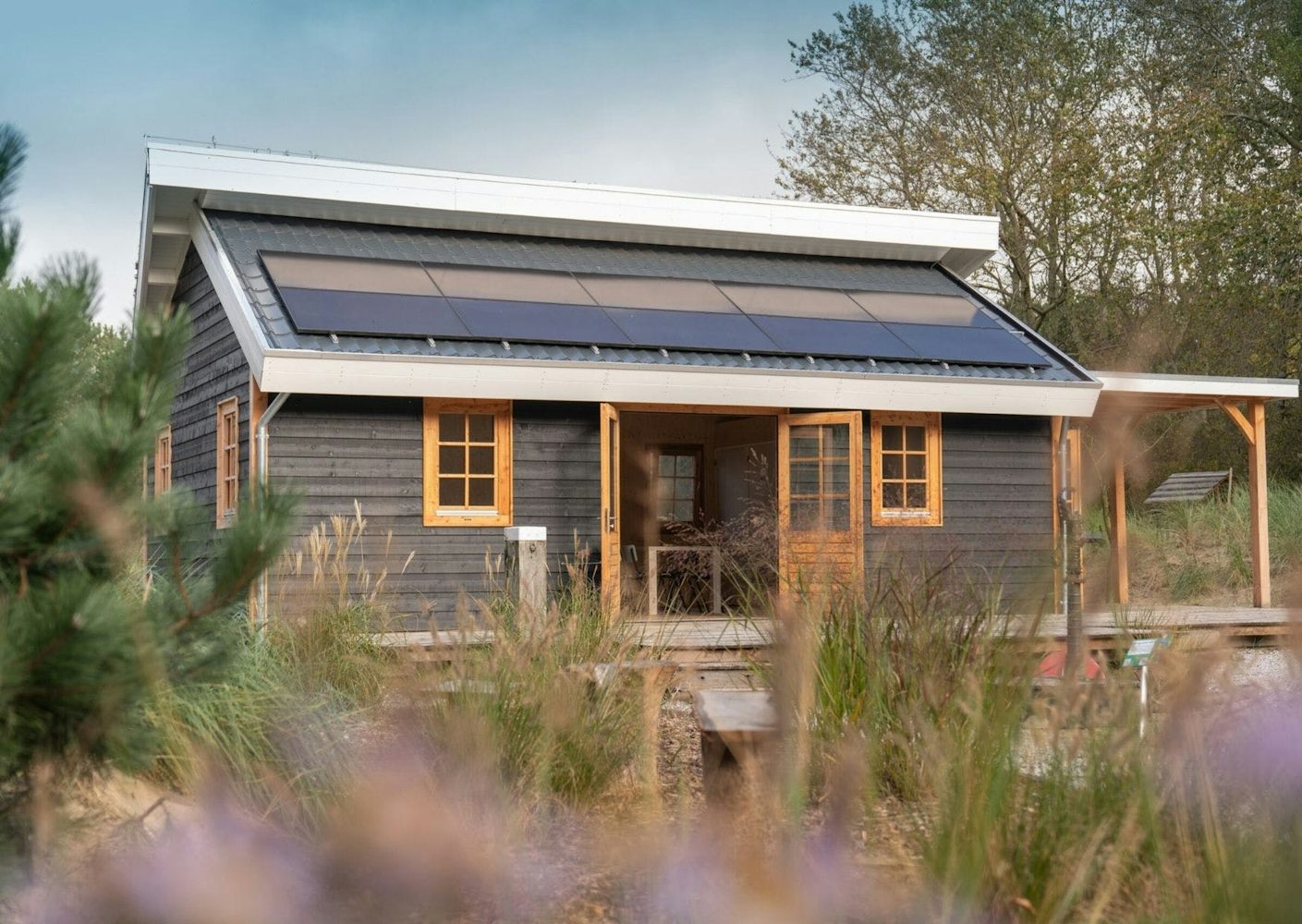 Zonnepanelen op tuinhuis overkapping openslaande deuren